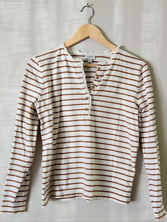 J. Crew Tops - J. Crew Cream and Brown Striped Long-Sleeve Henley Sz S
